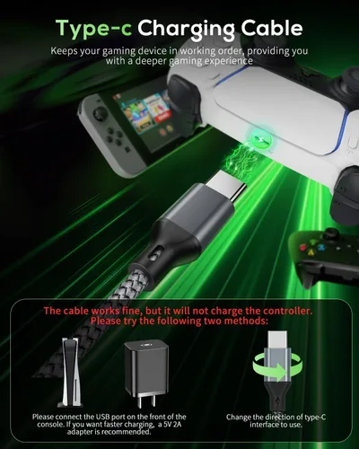 Vista 2 de MENEEA Cable de carga para controlador PS5PS5 Pro, para Xbox Series XS, para Nintendo Switch Paquete de 2 cables de repuesto USB C de 10 pies