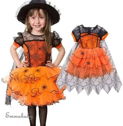 Vista 5 de Vestido de tul de Halloween para niñas pequeñas, vestido de manga larga con diseño de calabaza, telaraña, princesa, fiesta, faldas a rayas