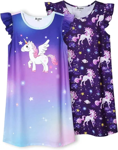 Vista 8 de Jxstar Paquete de 2 camisones para niñas, pijamas de manga con vuelo, vestidos de noche de algodón