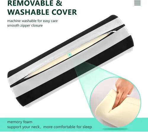 Vista 4 de Almohada redonda con funda a rayas blancas y negras para el cuello, almohada cervical, soporte de cuello de espuma viscoelástica para dormir