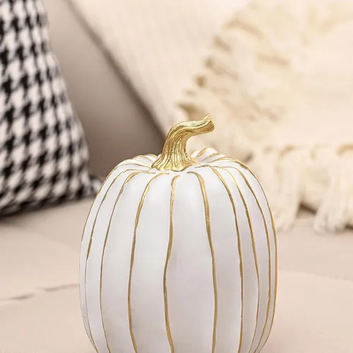 Vista 5 de FESTGLOX Decoración de calabaza de otoño, 2 figuras de calabaza falsas de resina de Acción de Gracias, calabazas blancas y doradas para decoración
