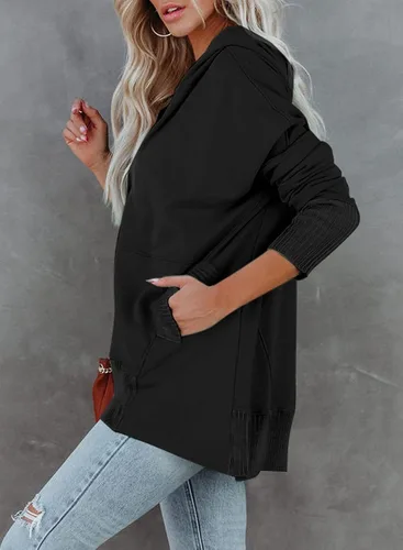 Vista 3 de GLIENST Sudaderas con capucha estilo túnica casual con botones y cuello en V para mujer, sudaderas con capucha y bolsillos