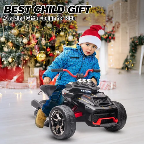 Vista 8 de Motocicleta eléctrica para niños de 12 V, rueda eléctrica de 3 ruedas, con luces LED, neumáticos EVA, velocidad alta y baja, bocina, música, negro