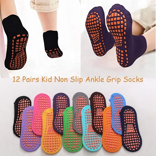 Vista 4 de 12 pares de calcetines de trampolín – Puños antideslizantes para niños con protección antideslizante para el tobillo para niños y niñas