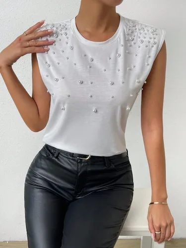 Vista 5 de SOLY HUX Camiseta sin mangas con cuentas de perlas para mujer, cuello redondo, camisetas de verano