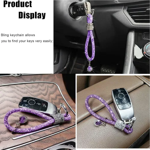 Vista 5 de Llavero de cristal para mujer llavero de moda con diamantes de imitación universal para llave de coche morado