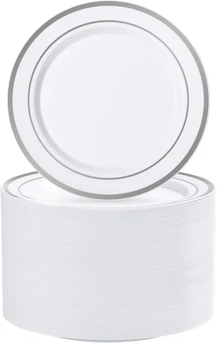 Vista 8 de BESTVIP 50 platos de plástico dorado transparente de 7 pulgadas, platos desechables para ensalada y postre con borde dorado para Navidad, Acción