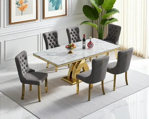 Vista 90 de Juego de 4 mesas de comedor blancas y doradas, mesa de cocina rectangular de 68 pulgadas con parte superior de mármol sintético blanco, mesa de Mesa