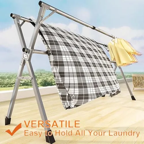 Vista 2 de Collapsible Stainless Steel Clothes Drying Rack – Adjustable & Foldable Laundry Rack with 20 Windproof Hooks – Space-Saving Garment Dryer for Indoor