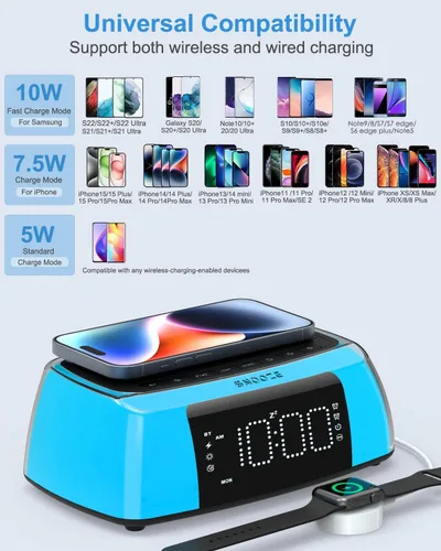 Vista 2 de Reloj despertador con carga inalámbrica, reloj despertador digital fuerte con máquina de sonido, luz nocturna, altavoz Bluetooth, estación de carga