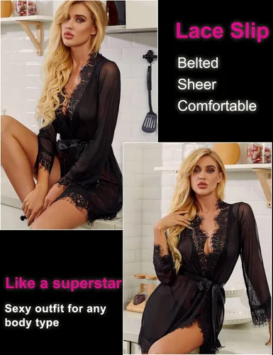 Vista 2 de RSLOVE Kimono de encaje para mujer, lencería sexy de malla para cubrir lencería de novia