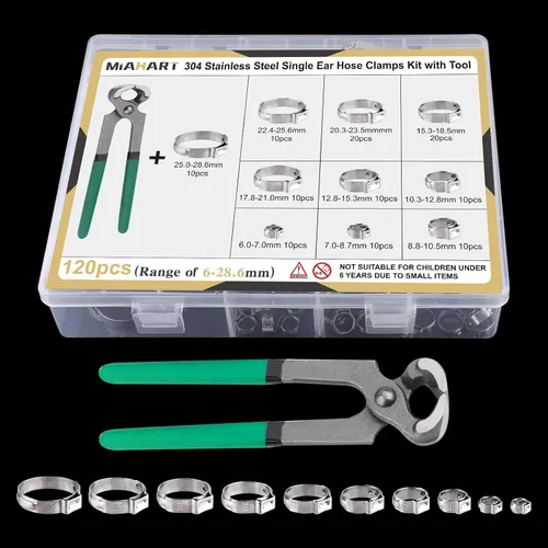 Vista 3 de MIAHART 120 abrazaderas de manguera de oreja de acero inoxidable con pinza de oreja de 10 tamaños 304 abrazaderas de crimpado continuas