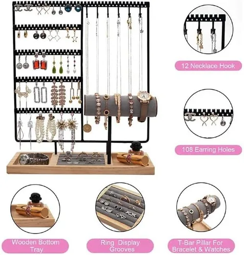Vista 3 de HINIHAO Soporte para aretes, organizador de joyas, soporte para collares, estante de torre de joyería de 5 niveles, 108 agujeros, 12 ganchos