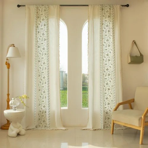 Vista 9 de BHUSB Cortinas rústicas para sala de estar de 63 pulgadas de largo, cortinas de ventana de lino y algodón con estampado floral bohemio, cortinas