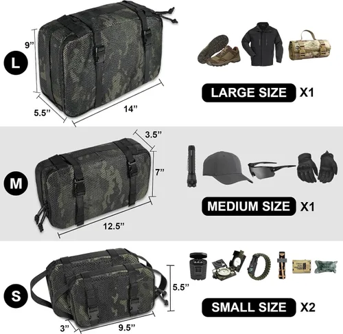 Vista 28 de Juego de 4 cubos de embalaje tácticos, bolsa de almacenamiento de malla compresible, organizador portátil Edc Molle.