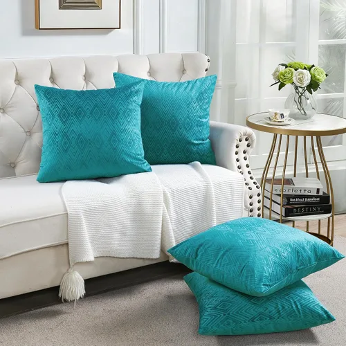 Vista 27 de Juego de 4 fundas de almohada cuadradas decorativas de terciopelo con diamantes de 20 x 20 pulgadas, fundas de almohada geométricas suaves para Aqua
