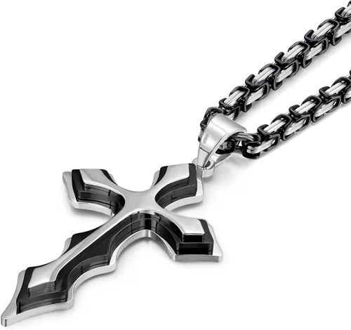 Vista 2 de FULULAY Collar con colgante de cruz de Jesucristo grande de acero inoxidable para hombre con cadena bizantina de 22, 24, 26 pulgadas