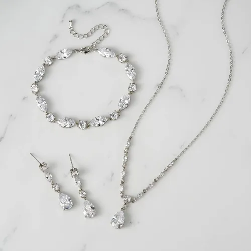 Vista 4 de SWEETV Juego de joyas de novia para boda, collar de circonita cúbica, aretes colgantes, juego de pulsera, marquesa de lágrima, novias, damas