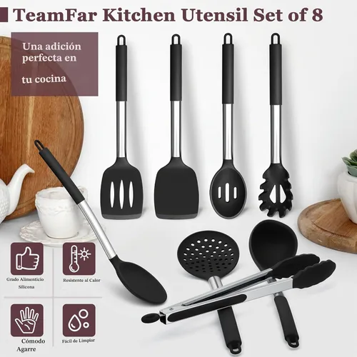 Vista 7 de TeamFar Juego de 8 utensilios de cocina, utensilios de cocina de silicona, con mango de acero inoxidable, para freír, servir, voltear y escurrir,