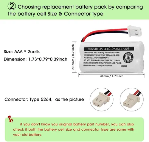 Vista 4 de iMah BT162342/BT262342 2.4V 300mAh Ni-MH batería inalámbrica para teléfono, también compatible con BT183342/BT283342 AT&T EL52351 TL90070 VTech