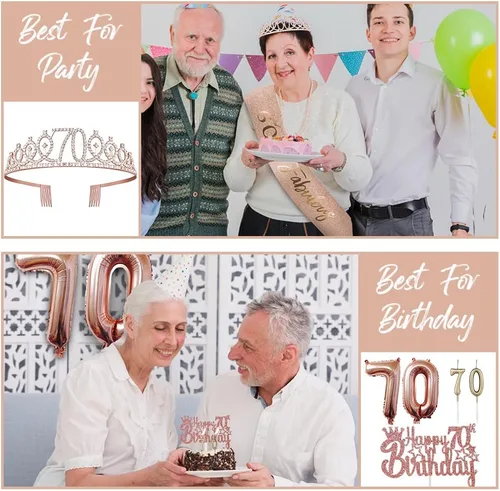 Vista 2 de Decoraciones de cumpleaños número 70 para ella – 5 regalos que incluyen corona de tiara 70, banda, decoración de pasteles, globos, velas