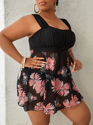 Vista 3 de MakeMeChic Traje de baño tankini de dos piezas con estampado de plantas para mujer