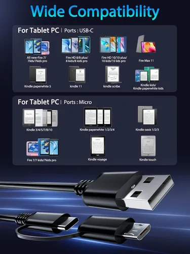 Vista 5 de Cargador rápido para tableta Amazon Fire, cable micro USB C de carga para Kindle Paperwhite, Fire HD 10 8 7 Plus, Max 11, Kids Pro, Edition Voyage