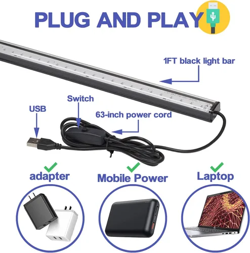 Vista 5 de Barra de Luz Negra 10W Tira de Luz Negra UV para Fiesta Brillante: 1 pie USB Portátil LED Suministros de Fiesta para Pintura Corporal, Escenario