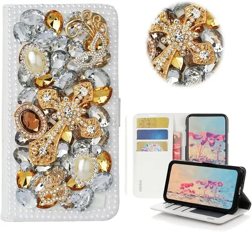 Vista 7 de Bling - Funda tipo cartera para teléfono compatible con Samsung Galaxy Z Fold 3 5G, elegante, hecha a mano, atrapasueños con colgante de perlas