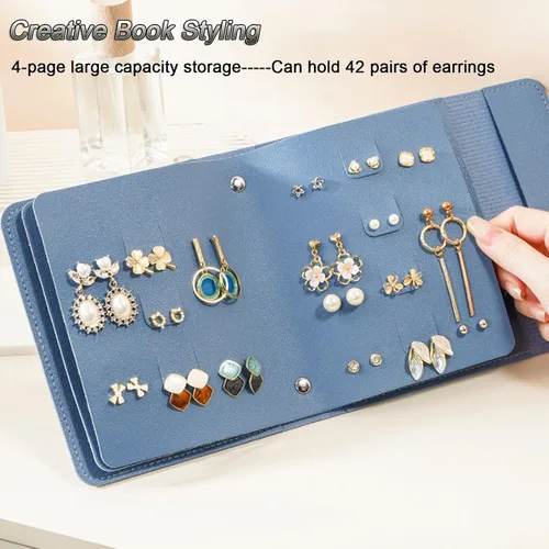 Vista 3 de Organizador de aretes con diseño de libro plegable, organizador de libros de aretes, estuche portátil de cuero sintético para aretes de viaje (azul)