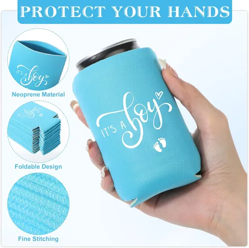 Vista 3 de Mifoci 50 piezas de decoración de baby shower, mangas de cerveza para revelación de género, fundas de cerveza para revelación de género, fundas