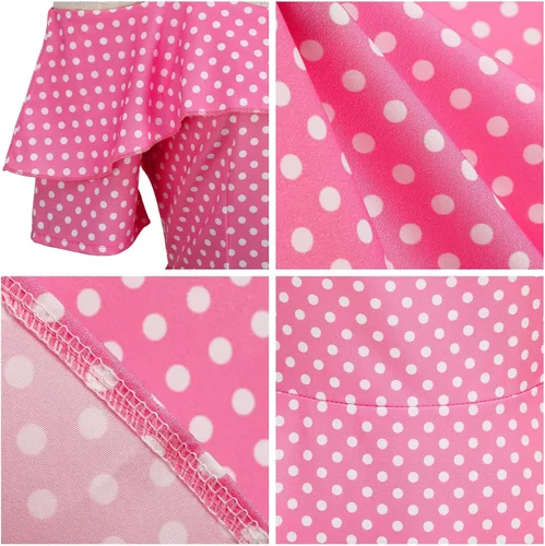 Vista 5 de Vestidos de lunares de los años 50 para mujer, vestidos vintage rosados Rockabilly con hombros descubiertos, vestidos de fiesta, vestido de longitud