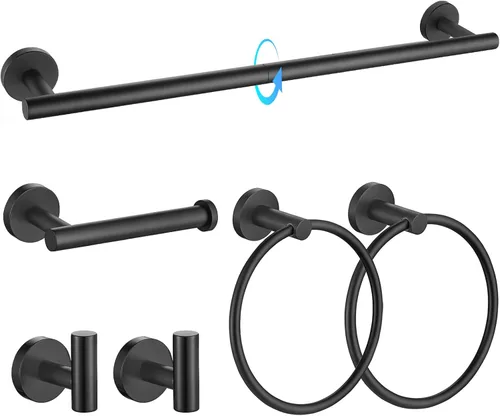 Vista 15 de TQKAG Juego de accesorios de baño negro y dorado de 5 piezas, juego de toalleros redondos de acero inoxidable de 23.6 pulgadas para baño montado