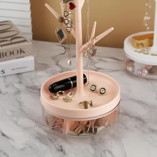 Vista 3 de Estante de joyería de rama con base giratoria y caja de almacenamiento, organizador colgante de torre de árbol para anillos, aretes, collar