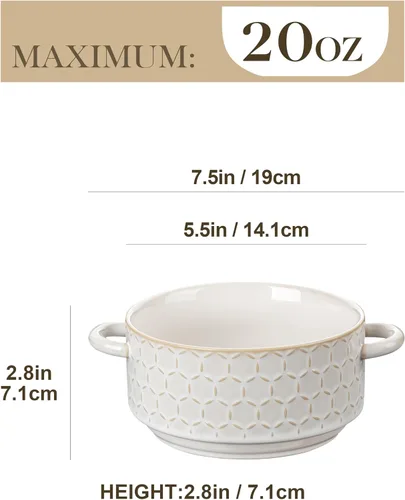 Vista 2 de MALACASA Juego de 4 cuencos de cerámica de 20 oz con asas – Cuencos de sopa de cebolla francesa aptos para horno y microondas, patrones únicos