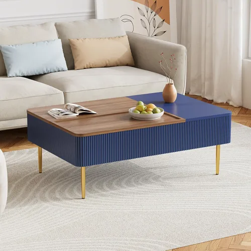 Vista 6 de HLR Mesa auxiliar de doble elevación de 47 pulgadas con almacenamiento, moderna mesa de centro de madera acanalada con compartimento oculto, mesa