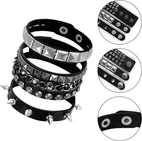 Vista 5 de cnomg 3 pulseras de cuero punk rock punk rock con tachuelas, pulsera de cuero con púas para mujeres y hombres, pulsera gótica de los años 80