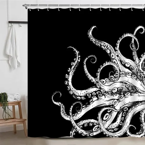 Vista 3 de Cortina de ducha de tentáculo de pulpo, diseño de kraken de océano blanco y negro, divertido animal náutico, vida marina, fresco, moderno, único