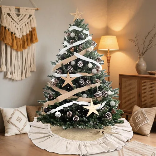 Vista 2 de Mini Falda de Arpillera para Árbol de Navidad con Borde con Volantes, Decoraciones para Árbol de Navidad Pequeño de 24 Pulgadas Ornamentos para Mesa
