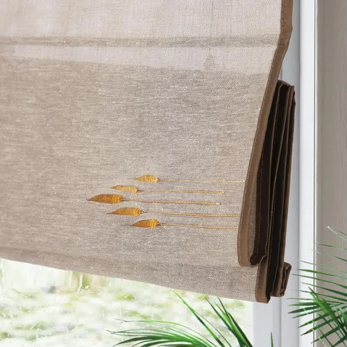 Vista 15 de Yin Yang Persianas romanas de bambú opacas sin cables, elegantes persianas romanas de madera tejida natural con cenefa de 6 pulgadas de alto