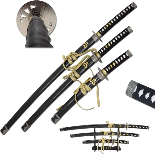 Vista 10 de Snake Eye Tactical Highlander Dragon Design Handle Samurai Katana - Juego de espada triple con soporte de espada