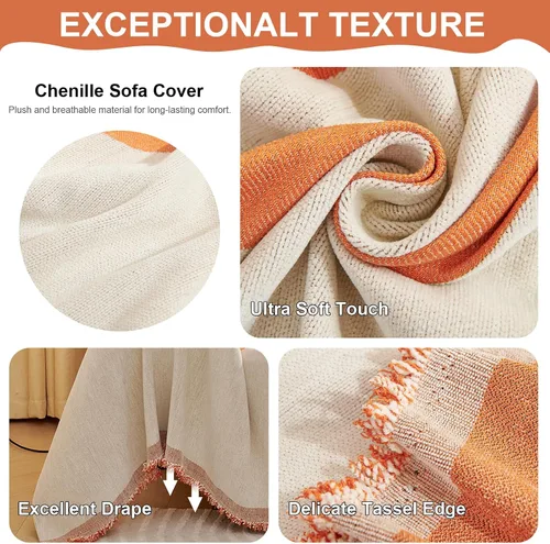 Vista 3 de VClife Funda para Sofá Lavable de Felpa Funda de Sofá Slipcover con Borlas 71''x150''- Funda de Sofá Moderna Minimalista de Jacquard a Rayas Blanco