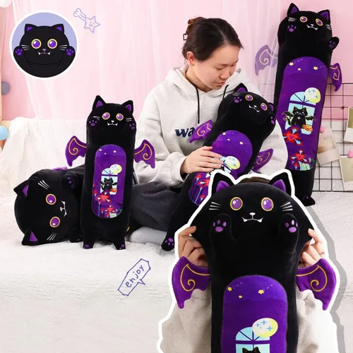 Vista 8 de AIXINI Almohada larga de felpa de gato negro de dibujos animados, suave juguete de peluche de gatito Kawaii para niños (gato gótico, 35.4 pulgadas)