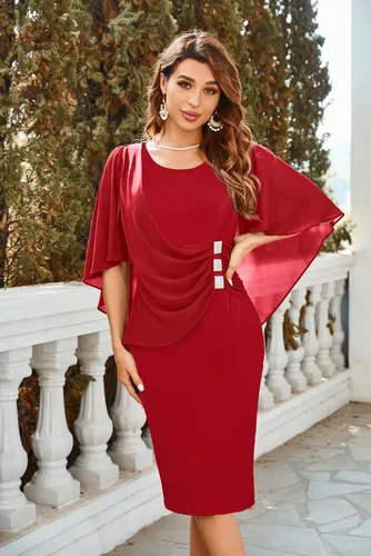 Vista 3 de Hanna Nikole Vestido de fiesta de talla grande para mujeres con curvas, de gasa, con volantes, favorecedor, manga de cabo, bodycon