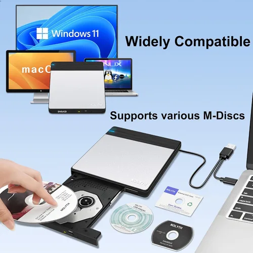 Vista 6 de Unidad externa de CD/DVD para portátil: Graba DVDs y CDs para respaldo de datos de archivos, compatible con M-Discs - Plug & Play para Mac Windows
