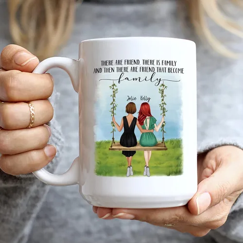 Vista 3 de Taza personalizada con texto en inglés "There Are Friends There Is Family And Then There Are Friends That Become Family", taza de café personalizada