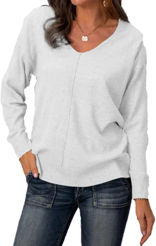 Vista 4 de Suéter casual para mujer, cuello en V, suave, ajustado, color liso, tejido suelto, sin botones