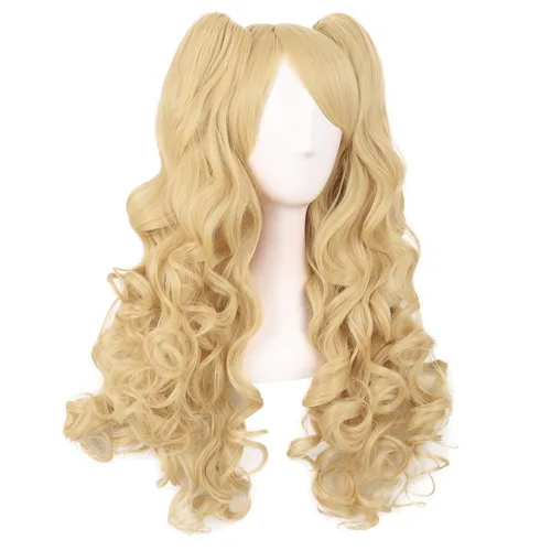 Vista 2 de Peluca MapofBeauty Lolita para disfraz, cabello largo, rizado, con coleta, Anaranjado Amarillo