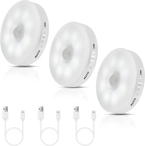 Vista 7 de Luz LED con sensor de movimiento mejorada para interiores, brillante y duradera Rechargeable Battery, Stick-On Motion Sensor Puck Night Lights for