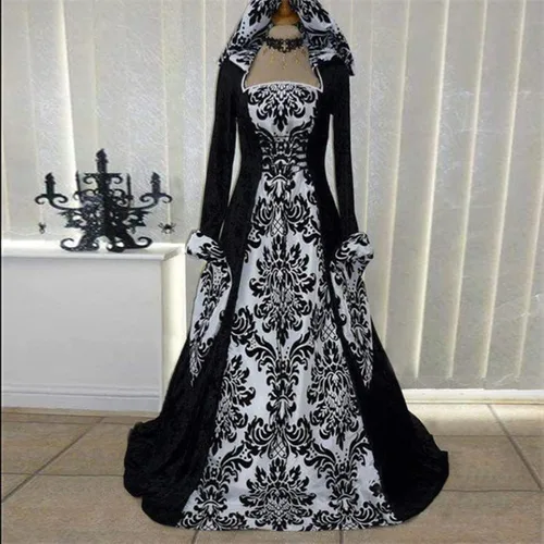 Vista 2 de SGASY Vestidos de Halloween para mujer, vestido gótico con capucha, disfraz medieval, corsé, vestido renacentista, vestido victoriano